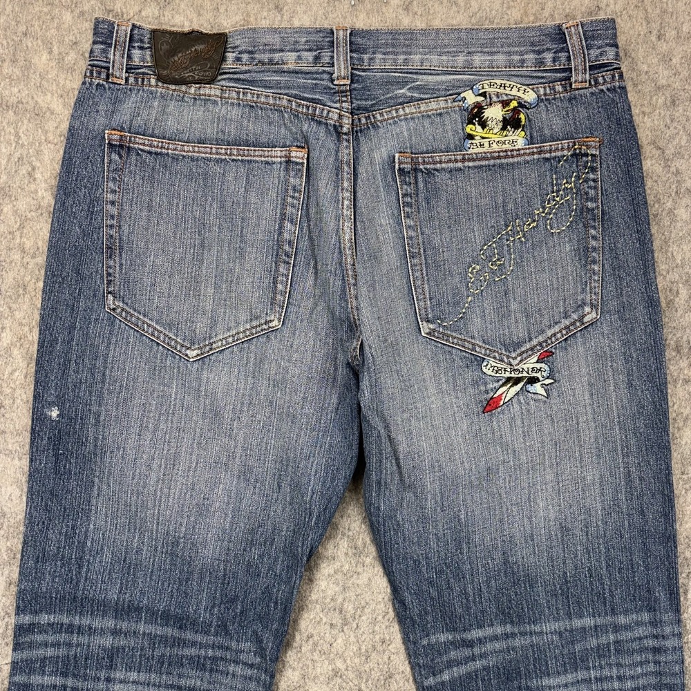 Vintage Y2K Ed Hardy Jeans Men's 40 x 32 Embroidered Pockets Blue Denim Wide Leg